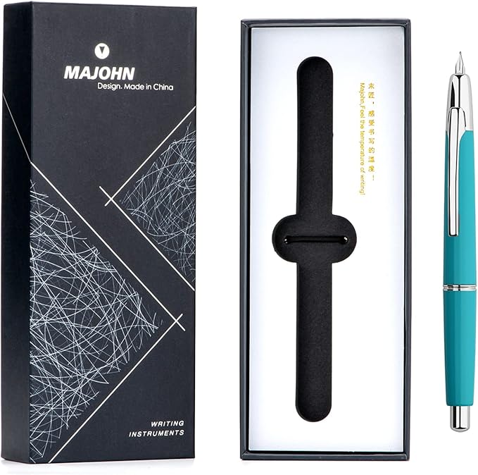 Majohn A2 Press Fountain Pen Extra Fine Nib with Box, Retractable Lake Blue Resin Ink Pen with Converter Writing Set (Silver Clip Version)