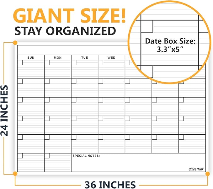 Dry Erase Laminated Jumbo Wall Calendar, Huge 24-inch by36-Inch Size, Monthly Planner for Home Office, Classroom, Large Date Boxes, Reusable Film, Never Folded, Includes 5 Markers, 8 Tacks. I Eraser