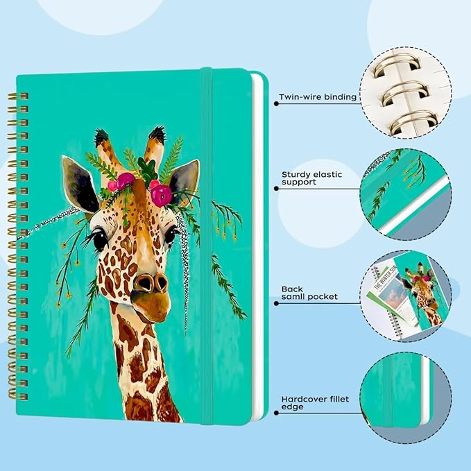 Spiral Notebook - A5 Spiral Notebooks, 8.3'' × 5.8'', 160 Pages, Aesthetic Journaling Notebooks for Women, College Lined Notebook with Elastic Closure, Back Pocket, for School Office, Giraffe