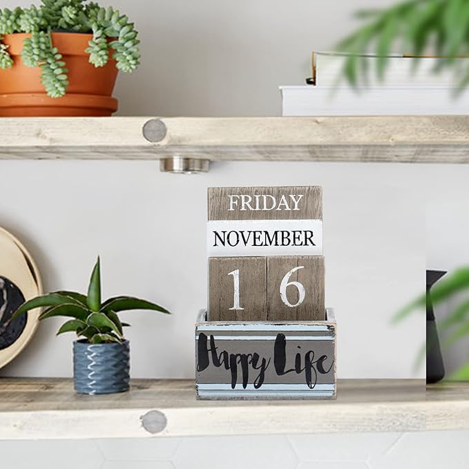Notakia Perpetual Calendar Wooden Calendar Blocks Vintage Wood Block Calendar for Home Office Desk Accessories Week Month Date Display (Happy Life)