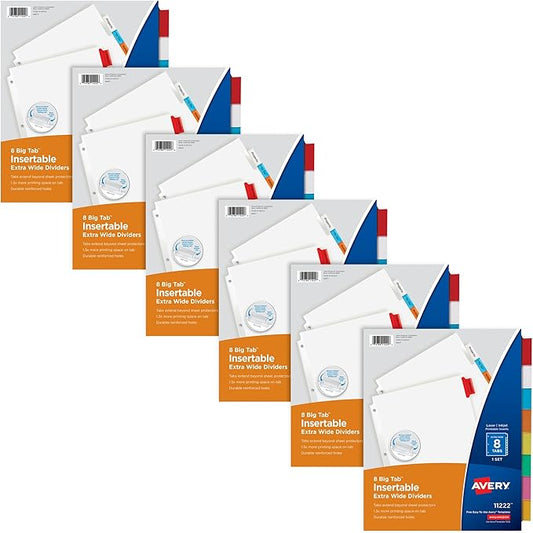 Avery Big Tab Extra-Wide Insertable Dividers for 3 Ring Binders, 8-Tab Set, Multicolor, 6 Sets (21211)