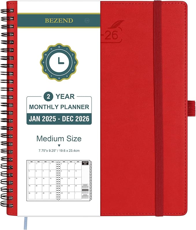 BEZEND 2 Year Monthly Planner 2025-2026 Medium Size 7" x 9" (Jan 2025 - Dec 2026) Spiral Calendar Book with Tabs, 120 GSM Thick Paper, Storage Pockets & Notes, PU Leather Softcover in Red