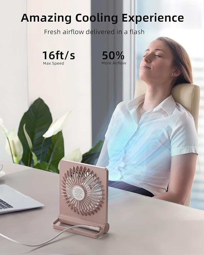 Koonie USB Fan, Strong Wind Ultra Quiet Small Desk Fan 220° Tilt Folding 3 Speeds Adjustable USB-C Corded Powered Personal Fan for Home Office Desktop Pink