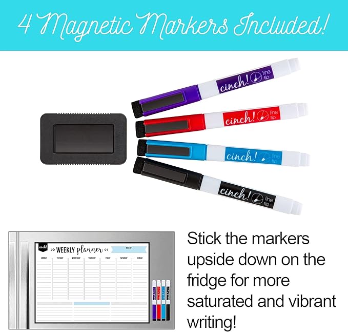 Cinch! 17x12-Inch Magnetic Weekly Planner for Fridge - Weekly Calendar and Meal Planner - Stain Resistant Dry Erase Whiteboard with 4 Fine Tip Markers and Eraser for Easy Scheduling