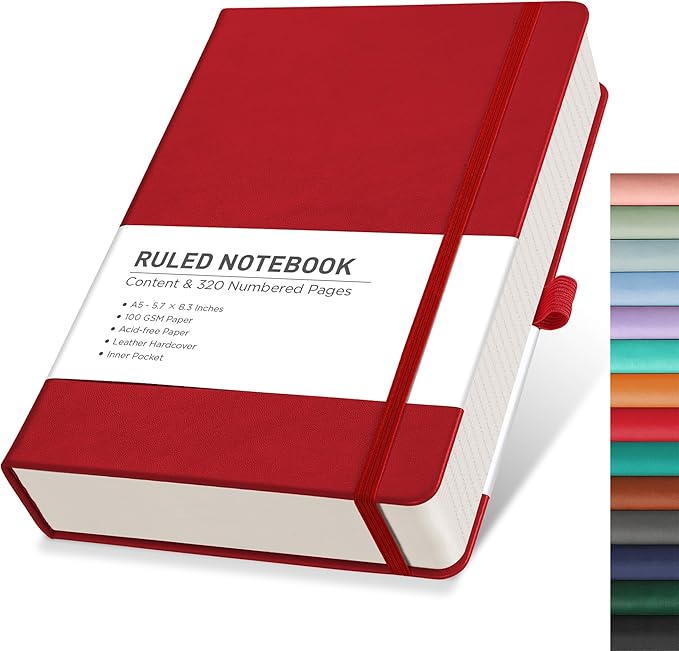RETTACY Journaling Notebooks, A5 Lined Notebook Journal with 320 Numbered Pages, 5.7'' × 8.3'', Medium Size, Journal Notebook for Writing, Work, Leather Hardcover, 100 GSM Thick Paper (Red)