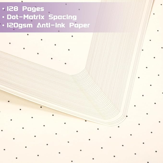 Dotted Journal/Notebook - Dot Grid Hard Cover Notebook, Premium Thick Paper with Fine Inner Pocket, Black Smooth Faux Leather, Pen Loop, 5.3'' x 8.26'' - Macaron Purple