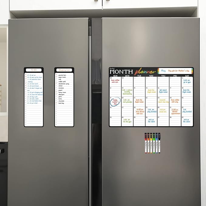 Magnetic Dry Erase Monthly Calendar - 17"x12" Monthly Calendar for Fridge - 4"x12" List Board 2 Pcs - 6 Extra Fine Point Markers Included - Shipped Flat