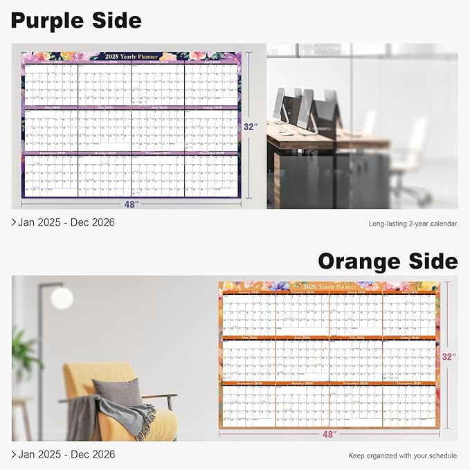 Ospelelf Dry Erase Wall Calendar 2025-2026 Large Laminated Calendar 32'' x 48'' Yearly Office Horizontal 24 Month Calendar, Use July 2025 - June 2026 (Floral)