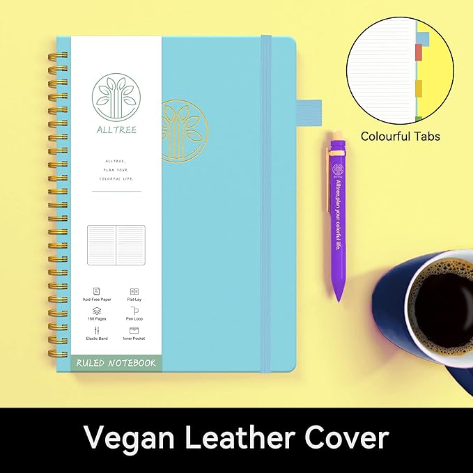 Alltree Lined Journal Notebook, Spiral Notebook for Work, Hardcover Spiral Notebook with Tabs, Pen Loop, Pocket, Stickers, 160 Pages, Journal for Women & Men, Sky Blue(6"x8.5")
