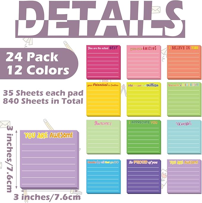 Yinder 24 Pcs Inspirational Sticky Notes with Lines Cute Motivational Sticky Notes Pad Employee Appreciation Gifts Bulk for Teacher Nurse Coworkers Office Supplies 3 x 3''(Dark Color,Appreciation)