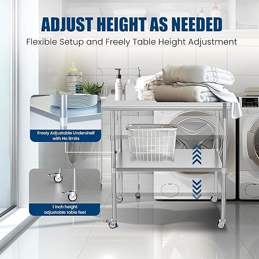 Stainless Steel Table with Wheels 30 x 36 Inches Metal Prep Table with Backsplash & Adjustable Undershelf, Stainless Table for Commercial Kitchen, Outdoor, Restaurant, Hotel & Garage