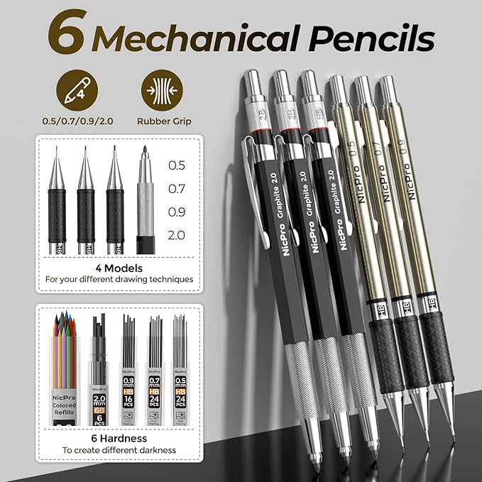 Nicpro 58 PCS Art Drawing Supplies Kit in Leather Case, Art Mechanical Pencil Set with 6 Metal Drafting Pencil 0.5 & 0.7 & 0.9 & 2mm, 12 Micron Pen, Sketch Book, 30 Tube Lead Refills for Sketching