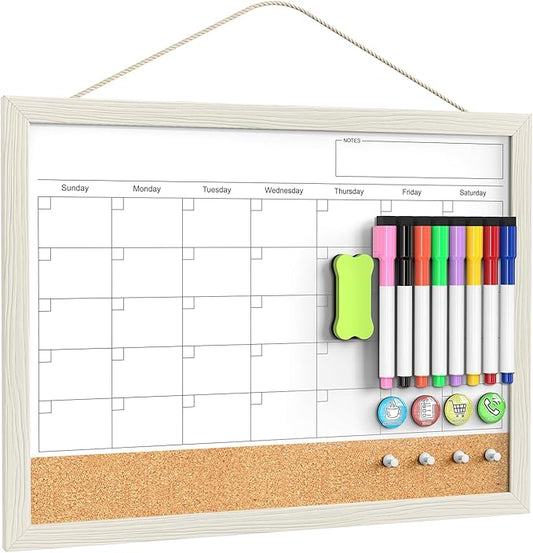 Calendar Whiteboard for Wall, TANKEE 17"x13" Whiteboard Calendar Cork Board Combo, Small Magnetic White Board with Wood Framed, Hanging Dry Erase Board for Kitchen Home Office School Planner