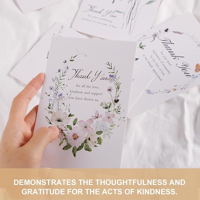 C2U Funeral Thank You Cards with Envelopes(50 Pack 4"x6"),Stickers & Message Inside - Wildflower Bereavement Sympathy Thank You Cards for Funeral Family Friends Loved Ones