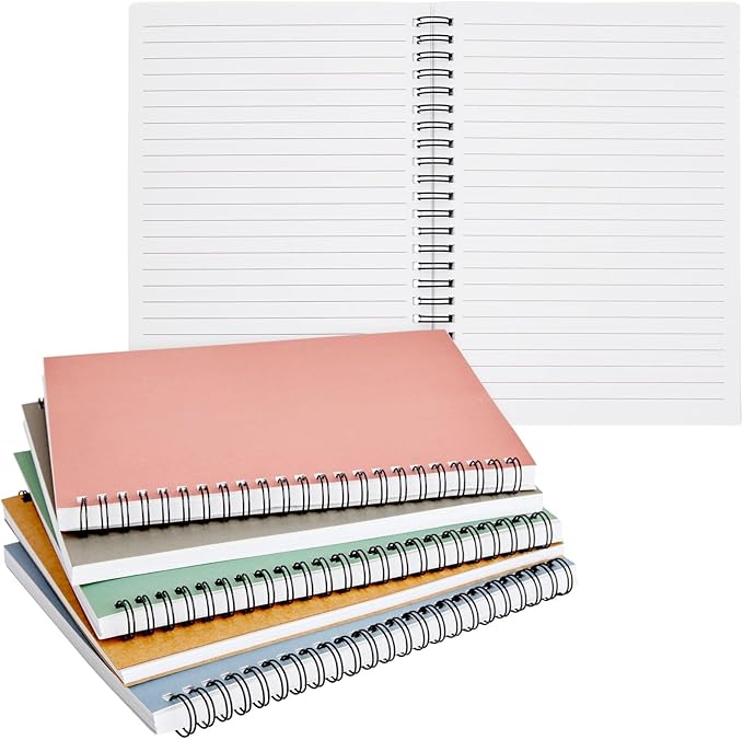 Paper Junkie 5 Pack Spiral Journal - Small Notebooks Bulk 6" x 8" with 120 Lined Pages for Work, Students, School, Writing (5 Colors Kraft Paper Covers)