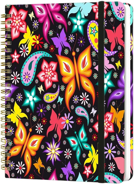 Spiral Notebook - A5 Spiral Notebooks, 8.3'' × 5.8'', 160 Pages, Aesthetic Journaling Notebooks for Women, College Lined Notebook with Elastic Closure, Back Pocket, for School Office, Butterfly