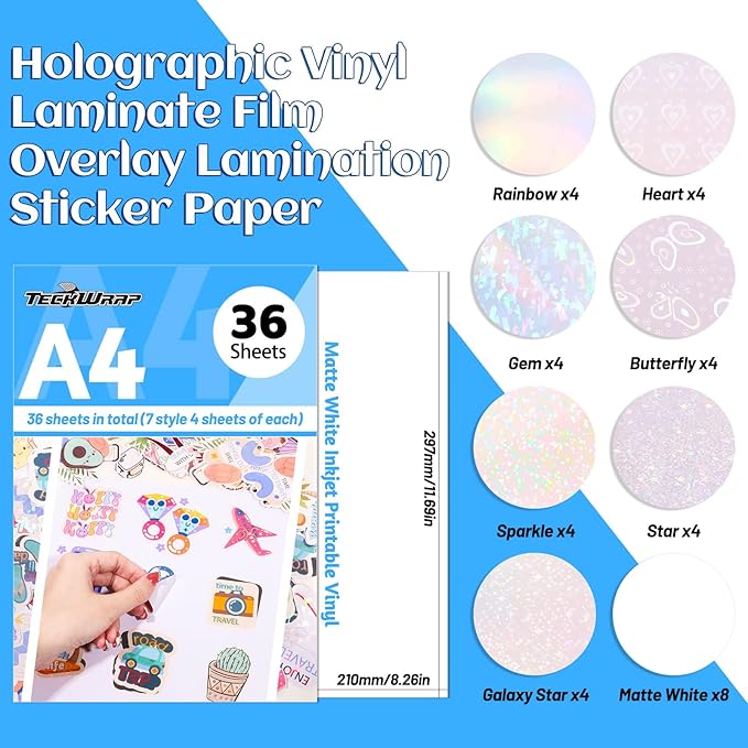 TECKWRAP Holographic Sticker Paper Clear Overlay Laminating Sheets Matte White Inkjet Printable Vinyl 8.26" x 11.69" A4 Size 36 sheets/Pack Laminate Sticker Film for Craft, Scrapbooking, Craft Cutters