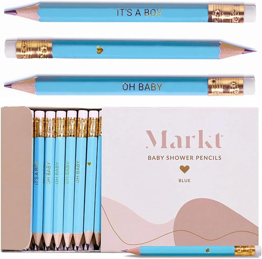 Markt Mini Pencils For Baby Shower Games Boy, Heart Pencils, Small Blue Pencil Set With Erasers