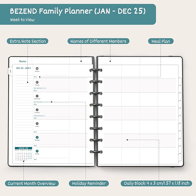 BEZEND Life Planner 2025 Weekly & Monthly Family Organizer with 6 Columns 7" x 9" - Agenda 2025 Family Calendar with Tabs, Pocket & Tear-off Shopping List, Disc Bound Flexible Cover - Prussian Blue