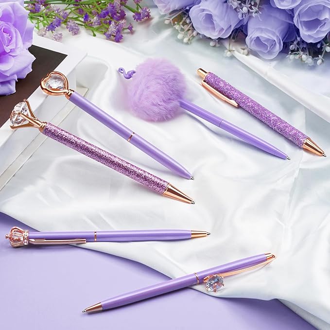 WEMATE 8Pcs Ballpoint Pens Set Metal Crystal Diamond Pen Glitter Pen for Journaling Purple Pens Bling in Black & Blue Ink Pretty Cute Pens Fancy Pens Gifts for Women Wedding School Office Desk(Purple)