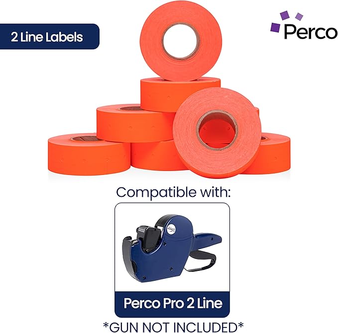 Perco 2 Line Fluorescent Red Labels - 8 Rolls, 1 Sleeve, 6,000 Blank Price and Date Gun Labels for Perco 2 Line Price and Date Guns - Made in USA