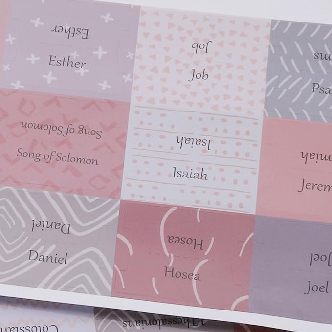 Thinkor Reposition Laminated Bible Tabs, Large Print Stickers, Easy to Read and Apply Bible Tabs for Women and Man (Pink & Gray Print)