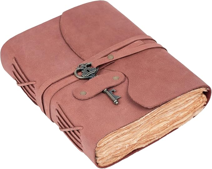 LEATHER VILLAGE Vintage Leather Journal – 200 Handmade Vintage Deckle Edge Paper – Leather bound Journal For Women Men – Vintage Key Closure - Book of Shadows - Red Brown - 13X8 inches