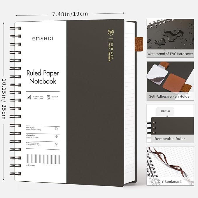 EMSHOI B5 Spiral Notebook College Ruled Lined Journal, Large 7.48" X 10.15", 300 Pages/150 Sheets, 100gsm Thick Paper, Waterproof Hardcover, for Office School Women Men Work Writing Notes, Coffee