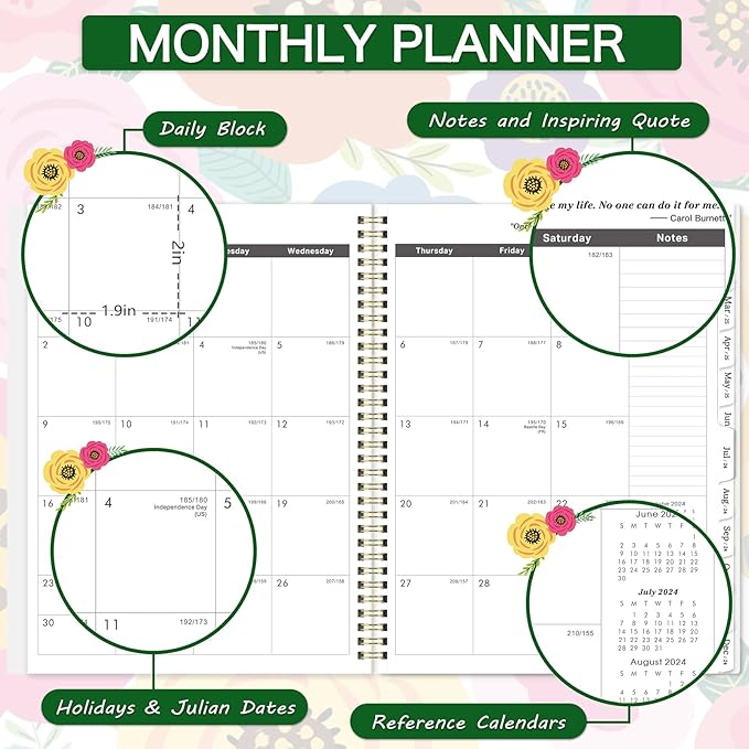 Tullofa Monthly Planner/Calendar 2024-2027 - Jul. 2024 - Jun. 2027, 3 Year Monthly Planner, 9" x 11", 2024-2027 Monthly Planner with 36 Months + Tabs + Double-side Pocket + Flexible Cover - Floral