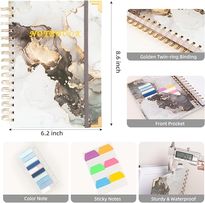 Spiral Notebooks for Work, 240 Pages Lined Spiral Journal Notebook, 5 Subject A5 College Ruled Journals for Writing, 8.6”x6.2''Journaling Notebooks for School Office Supplies (Grey Marble)