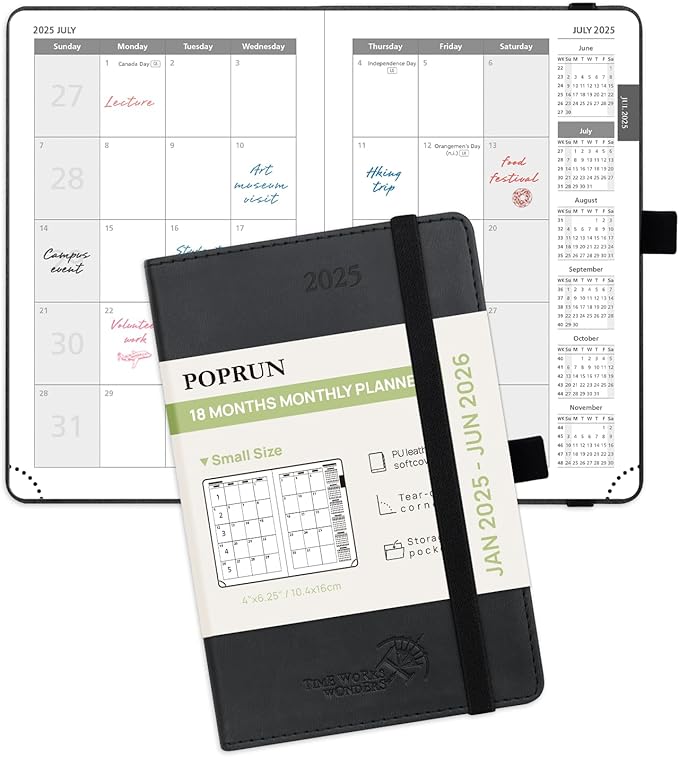 POPRUN Pocket Monthly Planner 2025-2026 (Pocket- 4''x 6.25''Soft Leather Cover) - 18 Month Calendar Book for Purse (January 2025-June 2026), 100 GSM Thick Paper - Black