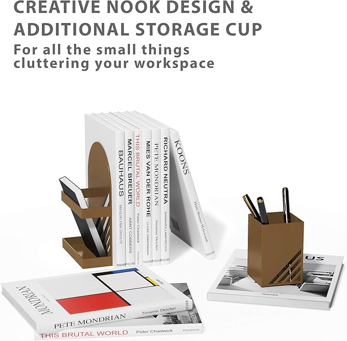 Iron Arch Modern and Decorative Bookends for Heavy Books, 200% Stronger & Heavier Than The Average Bookends, Large Bookends with Matching Bonus Storage Cup (Sahara Gold)