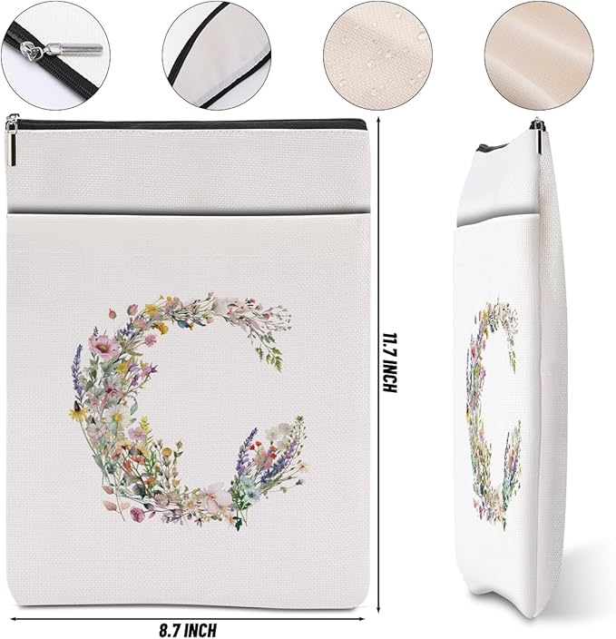 Monogrammed Book Sleeve Floral C Initial Book Pouch Book Accessories Book Lovers Gifts Waterproof Book Cover Book Protector Bookish Gifts Personalized Gifts for Women Girls Readers Bride Mom