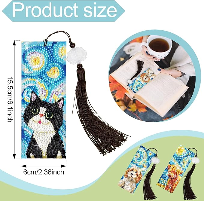 Anseal 3 Pcs 5D Diamond Art Bookmarks for Book Lovers, Cute Animal Rhinestone PU Leather Diamond Crafts Bookmarks for Women Girls, Tassel Beaded Book Mark for Graduation Birthday Reading Present