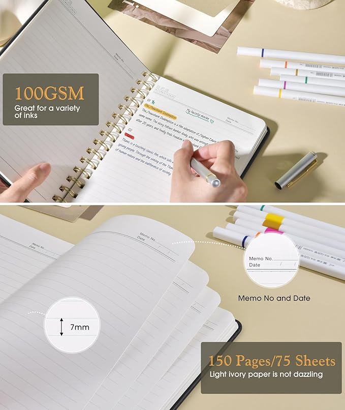 Lined Spiral Journal Notebook, A5 Hardcover Spiral Journals for Women Men, 150 Numbered Pages Spiral Bound Notebook, 100 GSM College Ruled Notebooks for Writing Note Taking Working 5.75" x 8.38" Black