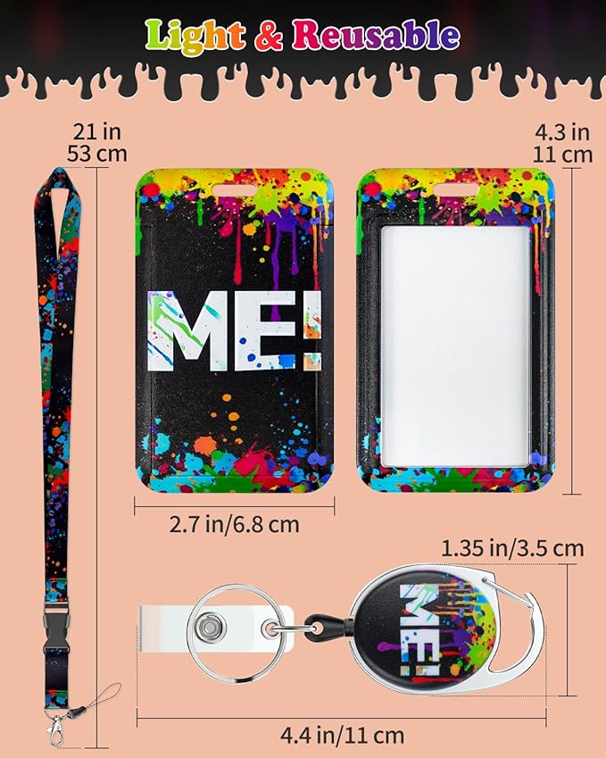 Uniclife Fashionable Sliding Badge Holder Paint Splash Plastic Case with Retractable Badge Reel Carabiner Clip & Detachable Lanyard Strap Vertical Card Protector for Worker Nurse Teacher Student