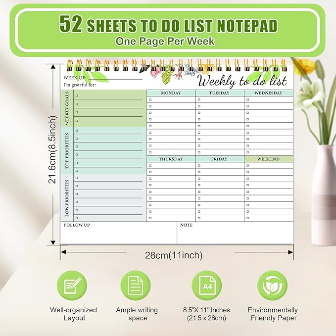 Weekly To Do List Notepad - Weekly Planner Notepad Undated 52 Sheets, 8.5"×11" Weekly Desk Planner for Women & Man, To Do List Notebook for Work Home, Perfect for Weekly Tasks and Goal Setting