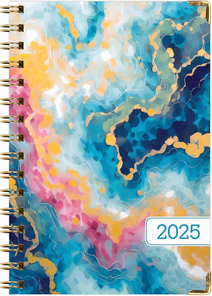 HARDCOVER 2025 Planner, 5.5"x8": 14 Months (November 2024 - December 2025), Daily Weekly Monthly Planner, Yearly Agenda, Bookmark, Pocket Folder and Sticky Note Set (Speckled Marble)