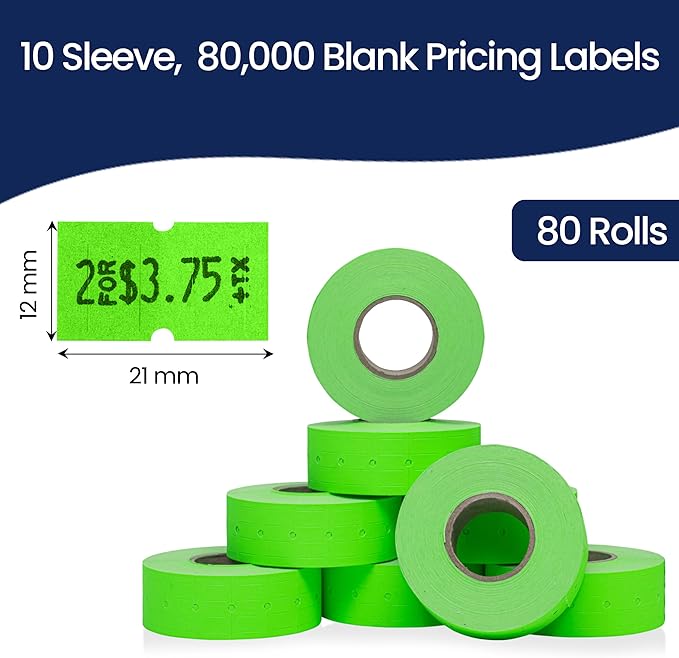 Perco 1 Line Fluorescent Green Labels - 80 Rolls, 10 Sleeves, 80,000 Blank Price and Date Gun Labels for Perco 1 Line Price and Date Guns - Made in USA