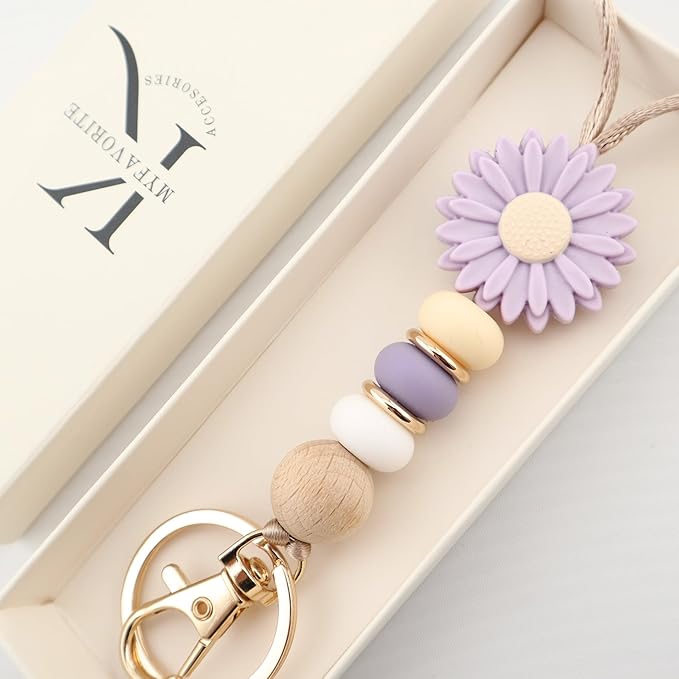 Flower Teacher Lanyards ID Badge and Key Chain, Cute Silicone Beads Lanyard for Women Nurse Work Student (Lavender)