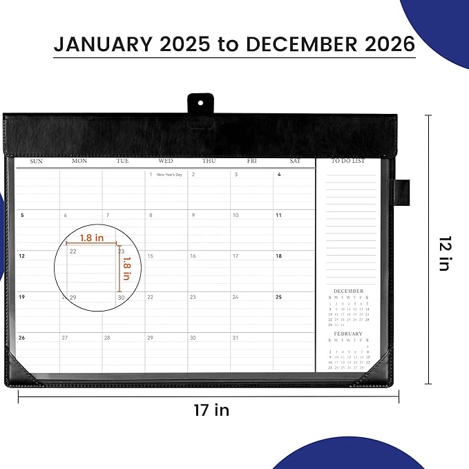Desk Calendar 2025-2026,24 Month Wall Calendar from Jan 2025-Dec 2026, Large Desk Calendar 17" x 12" with To-Do Lists, Leather Desk Pad Calendar with PVC Cover for Home School and Office,Black