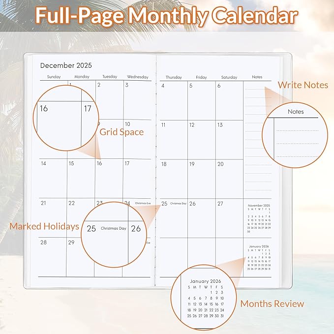 Pocket Calendar 2025-2026, Purse Monthly Planner - 3.7" x 6.7" - Runs from January 2025 Until December 2026, 2025 Pocket Calendar with Beach PVC Cover for Office