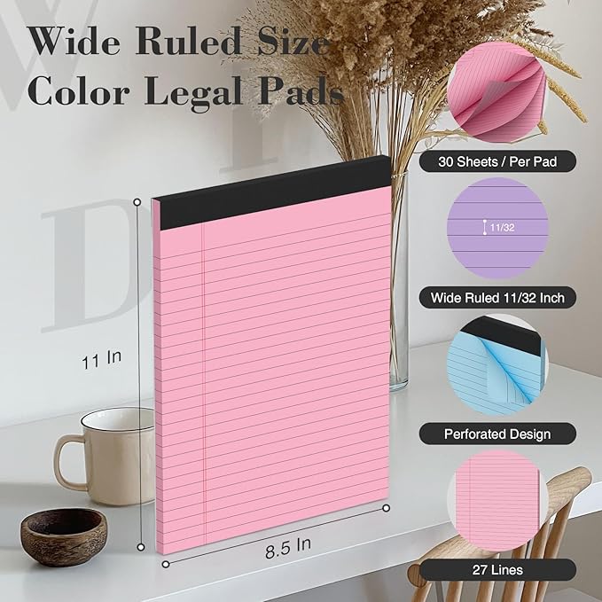 Colored Legal Pads 8.5x11 Legal Pads 2 Pack Wide Ruled Notepads Colored Note Pads 8.5x11 Perforated Legal Notepads 21LB Legal Pad 30 Sheets Writing Pads for School, College, Office (Pink/Blue)