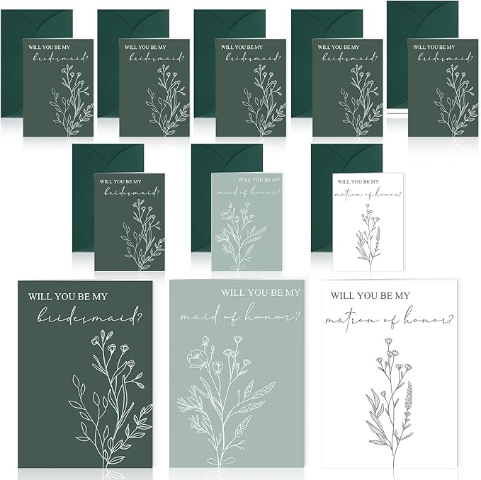 Spakon 16 Pcs Will You Be My Bridesmaid Cards with Envelopes Watercolor Greenery Floral Bridal Proposal Maid of Honor Matron of Honor Invited Favor for Bridal Shower Wedding (Leaves, Flowers)