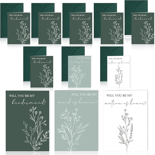 Spakon 16 Pcs Will You Be My Bridesmaid Cards with Envelopes Watercolor Greenery Floral Bridal Proposal Maid of Honor Matron of Honor Invited Favor for Bridal Shower Wedding (Leaves, Flowers)