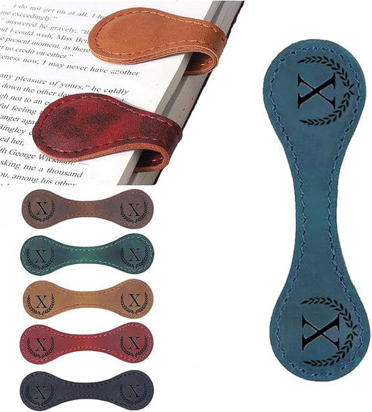 Personalized Magnetic Leather Bookmark, 26 Letters Custom Leather Bookmarks, Handmade, Leather Magnetic Bookmark for Book Lovers Readers Women Kid(Blue，X）