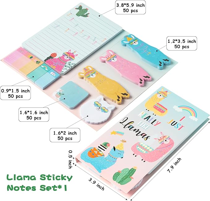 I Just Really Like Llamas Sticky Notes Set, 550 Sheets, Cute Cartoon Alpaca Self-Stick Notes Pads Animal Divider Tabs Bundle Writing Memo Pads Back to School Office Supplies Small Gift