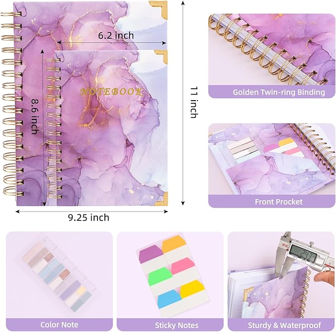A4 Spiral Notebooks for Work, 300 Pages Lined Spiral Journal Notebook, 5 Subject College Ruled Journals for Writing, 11”x9.25''Journaling Notebooks for School Office Supplies (Purple Marble)