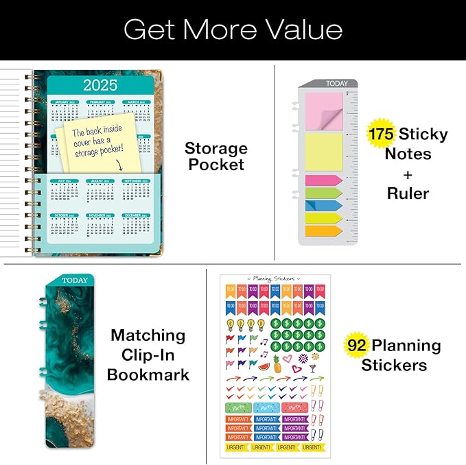 HARDCOVER Academic Year 2024-2025 Planner: (June 2024 Through July 2025) 5.5"x8" Daily Weekly Monthly Planner Yearly Agenda. Bookmark, Pocket Folder and Sticky Note Set (Teal Gold Marble)