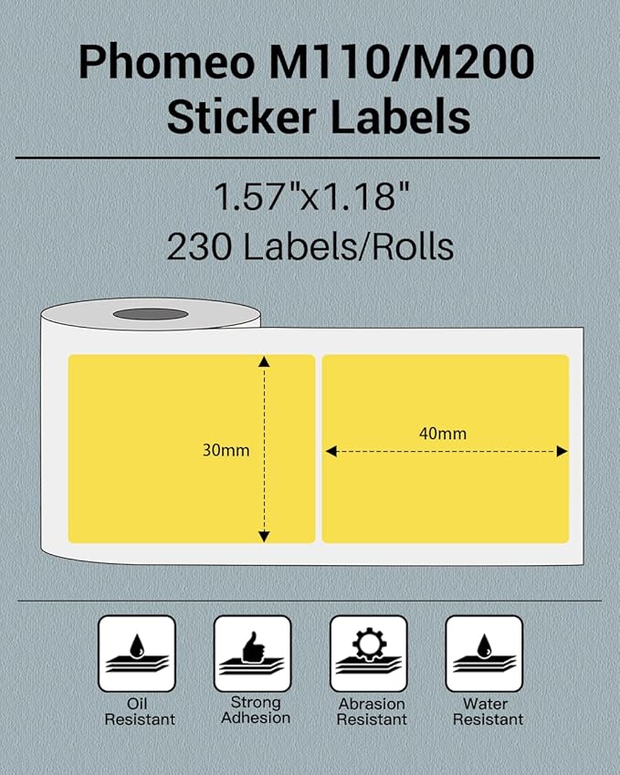 Phomemo Sticker Label M110/M221/M220/M120/M200/M150 Thermal Label- Black on Yellow 1.57"x1.18"(40x30mm) for Small Business, Home, Office, 230 Labels/Roll